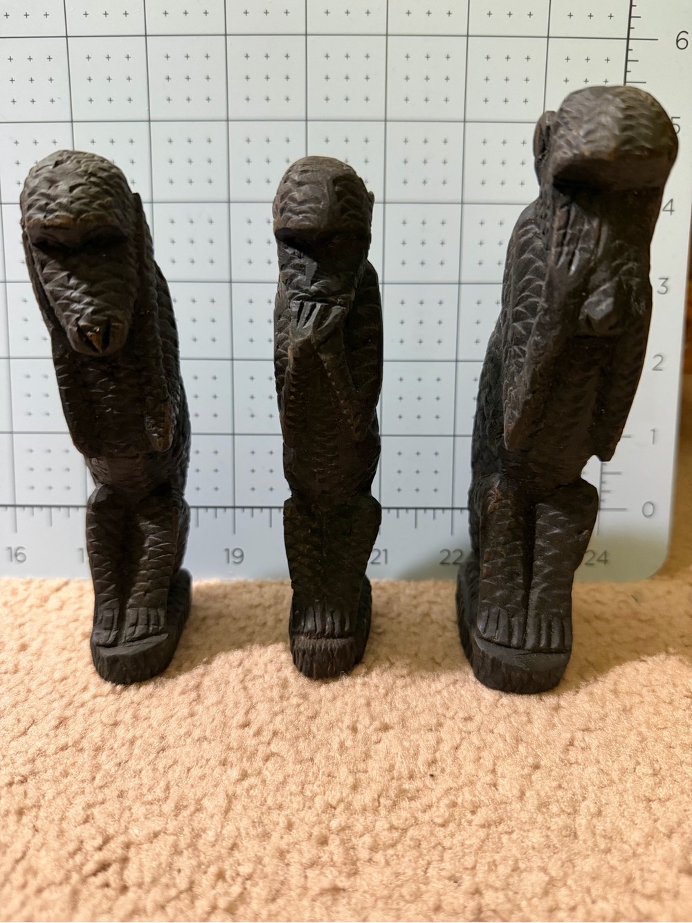 Vintage Hand Carved Wood Three Wise Monkeys See Hear Speak No Evil Fig. Set of 3